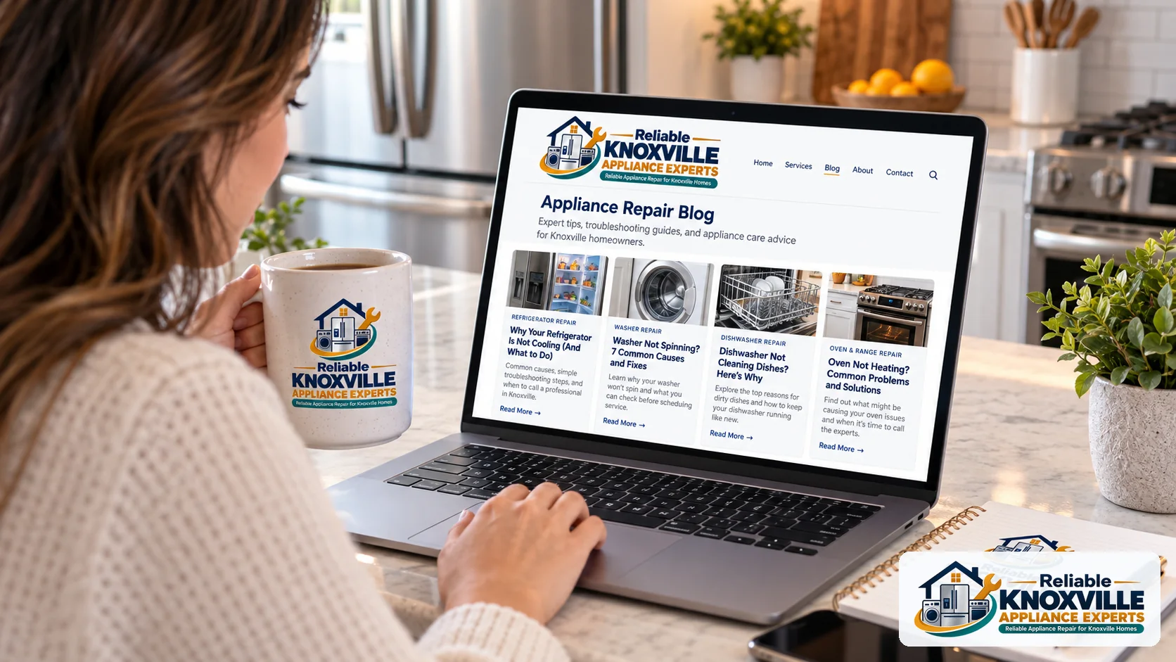 Person browsing appliance repair tips on a laptop in a home kitchen.