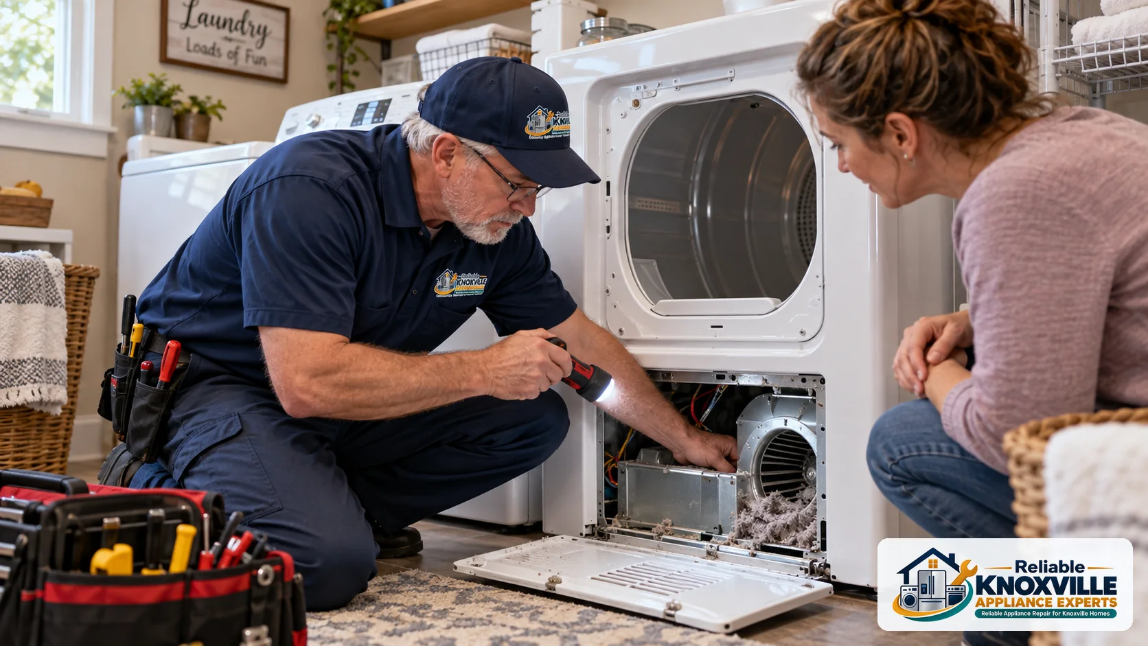 Technician inspecting dryer components and lint buildup while homeowner looks on.