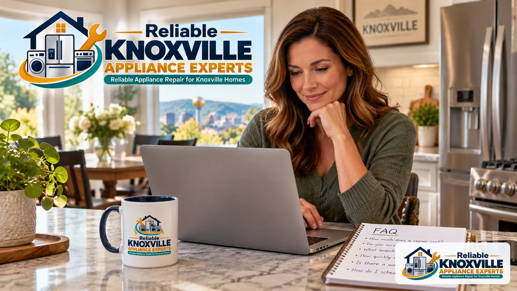 Homeowner reading appliance repair frequently asked questions on a laptop.