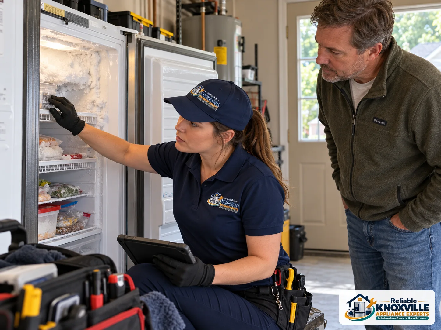 Female technician checking frost buildup inside an open upright freezer in a garage with a homeowner.