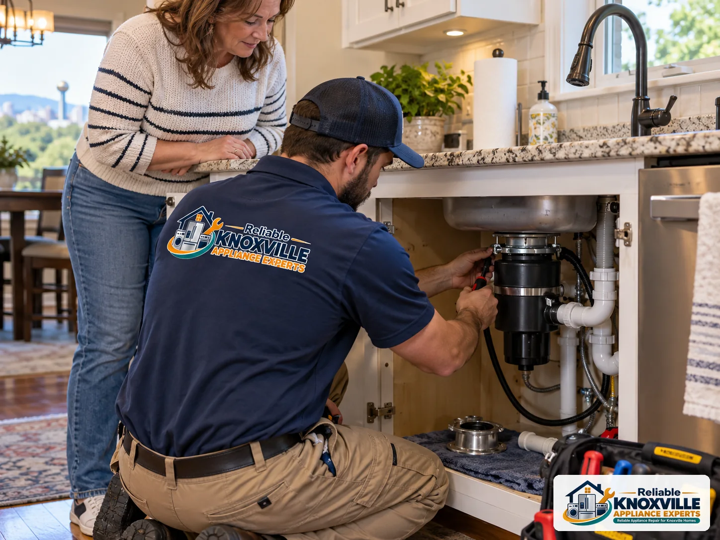 Branded technician inspecting a garbage disposal and drain connections in the cabinet below a kitchen sink.