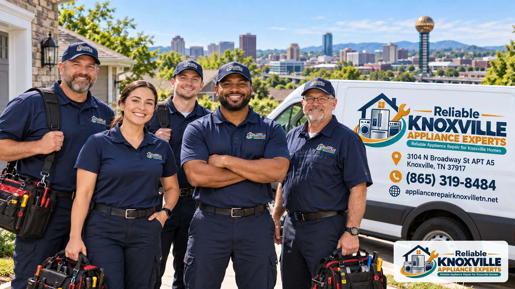 Illustration of a branded appliance repair team and service van with Knoxville skyline.