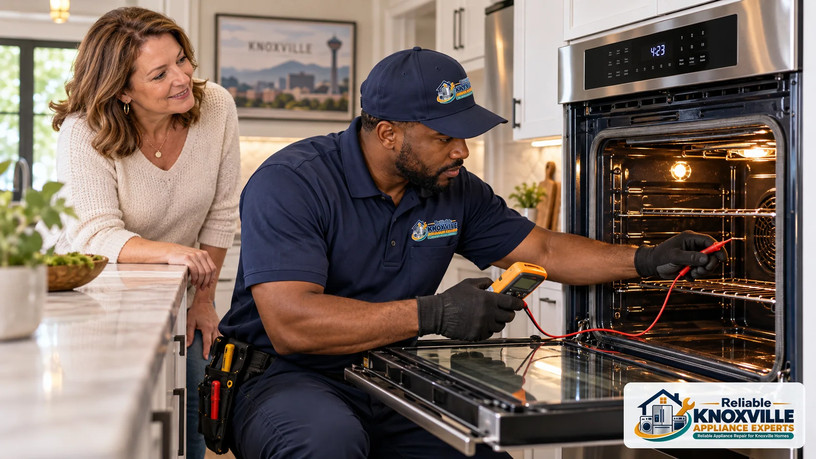 Technician inspecting oven heating components with a meter while homeowner observes.