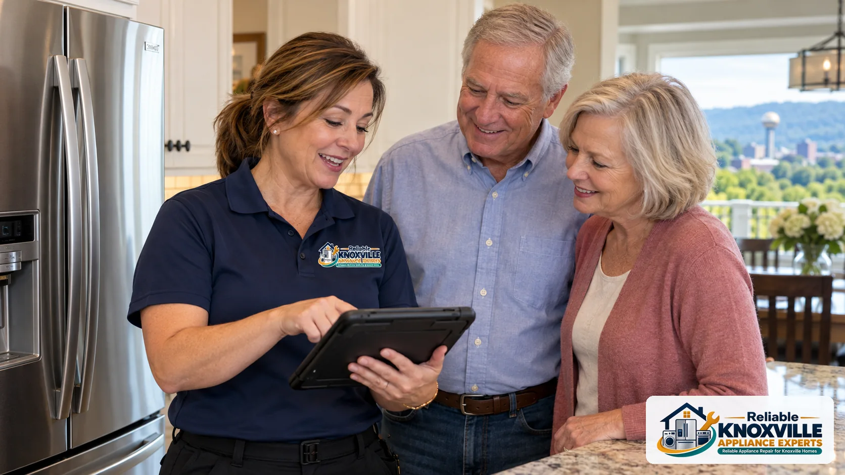 Illustration of an appliance technician discussing service findings with homeowners in a kitchen.