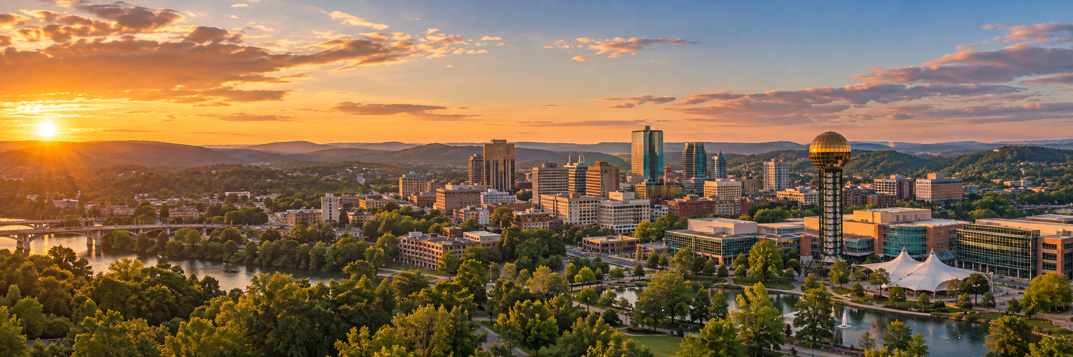 Illustrated aerial view of Knoxville, Tennessee, with the Sunsphere and downtown skyline at sunset